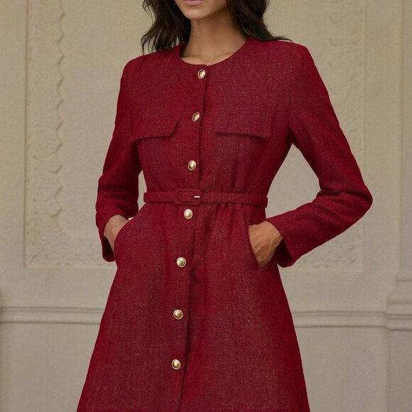 Red Elegant Women's Casual Classic Belted Herringbone Texture Long Sleeve Dress - Picture 6 of 7